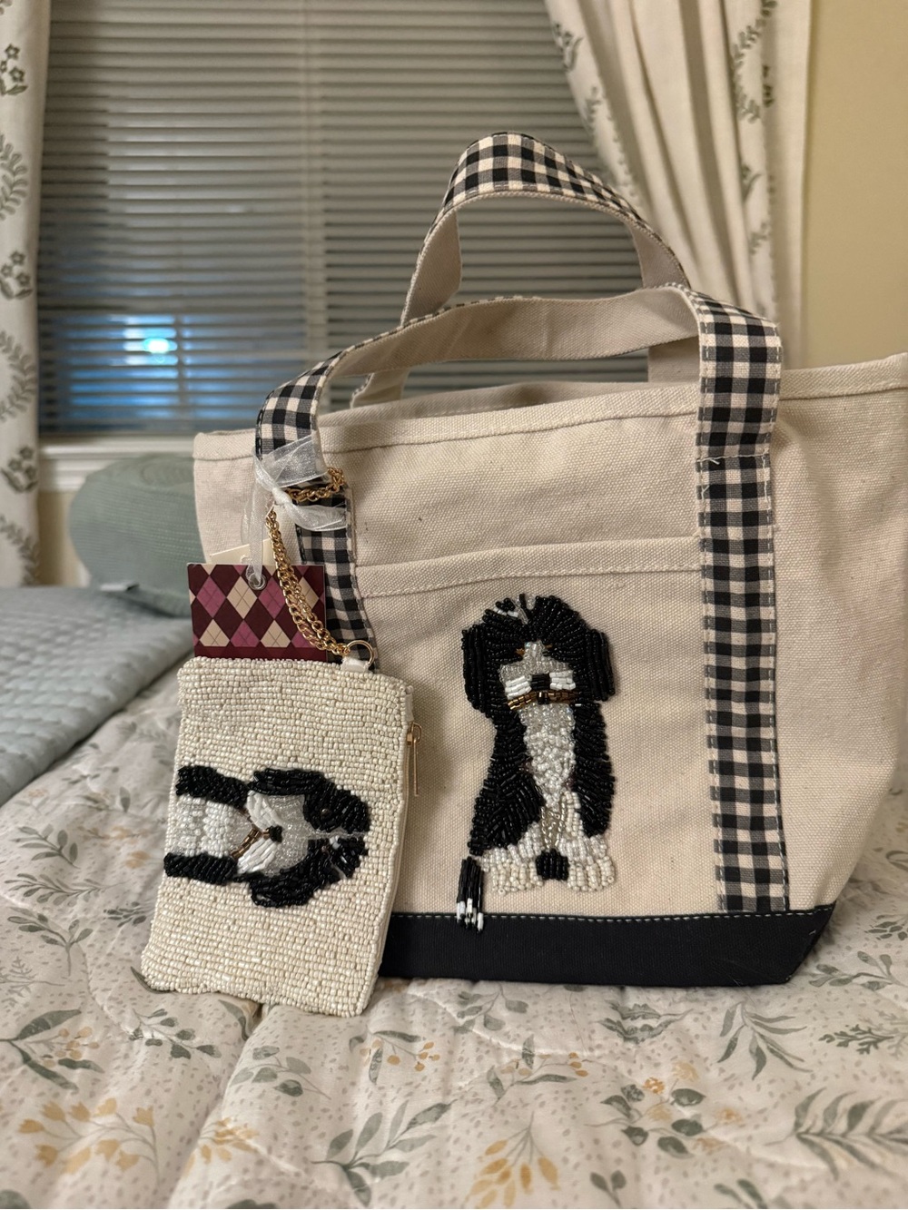 Viral Canvas Dog Tote Bag with Black & White Bernadoodle Beaded Dog Design